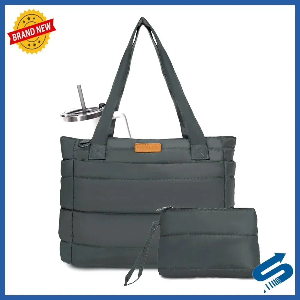 Quilted Puffer Tote Bag 21L with Laptop Sleeve Foldable Travel Work Bag